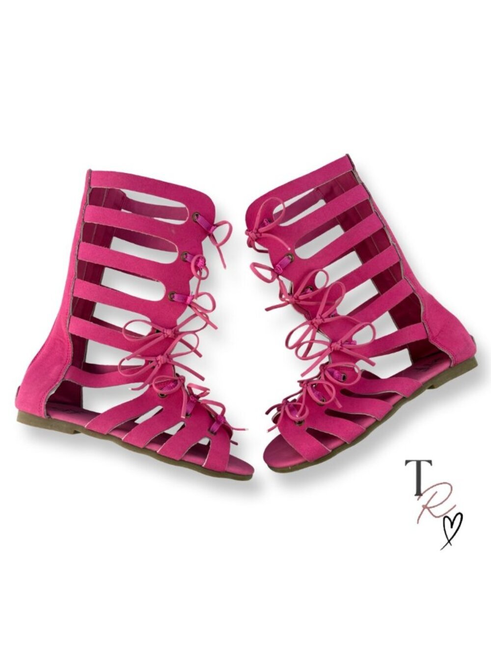 Makena Lane Girls Tall Gladiator Sandals in Faux Suede Bows Hot Pink Kids Size 1 - Picture 2 of 9